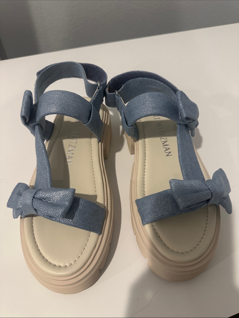 Stuart Weitzman Light Blue  metallic Bow Strap Sandals